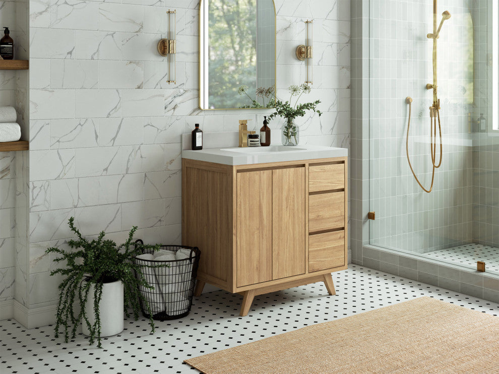 Madison Teak 36 Center Sink Bath Vanity in Light Natural 2" Carrara Quartz