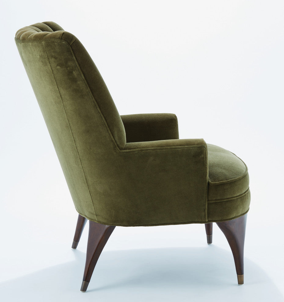 Luxe Moss Green Velvet Arm Chair Channel Back Tufted Mid Century Wood Brass