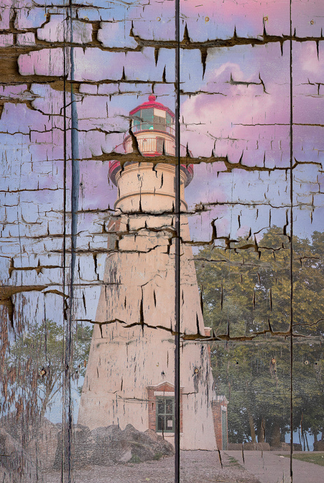 Faux Wood Texture Marblehead Lighthouse at Sunset Unframed Wall Art Prints, 12" X 16"