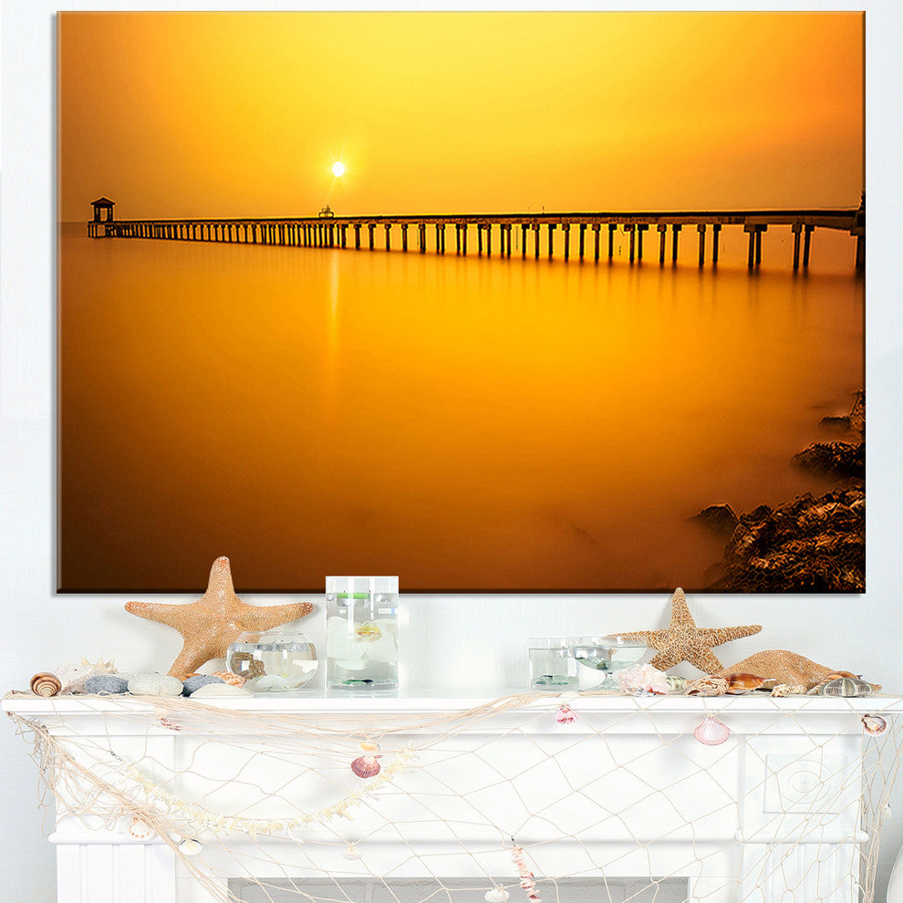 "Yellow Tinged Seashore And Long Pier" Sea Pier and Bridge Wall Art, 40"x30"