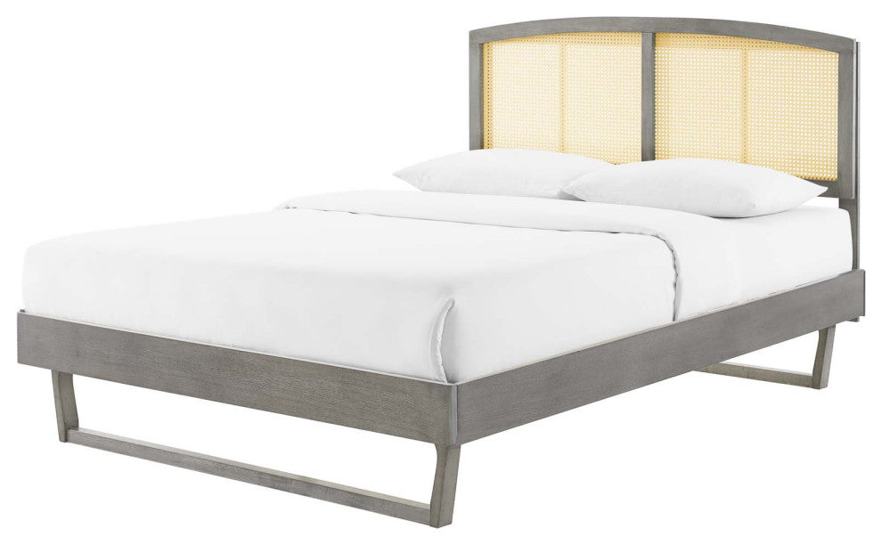 Platform Bed Frame, Full Size, Wood, Gray, Modern Mid-Century, Bedroom