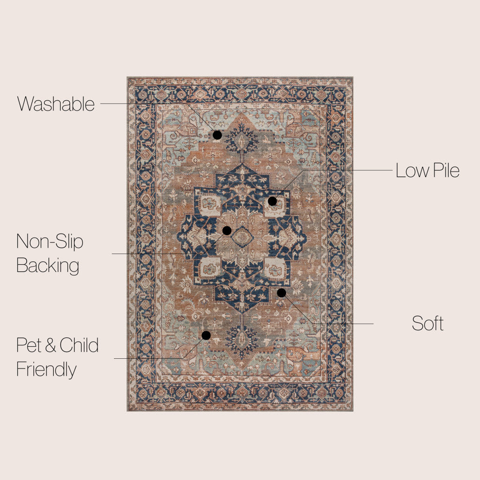 Maris Ornate Medallion Machine-Washable Beige/Blue 5 ft. x 8 ft. Area Rug