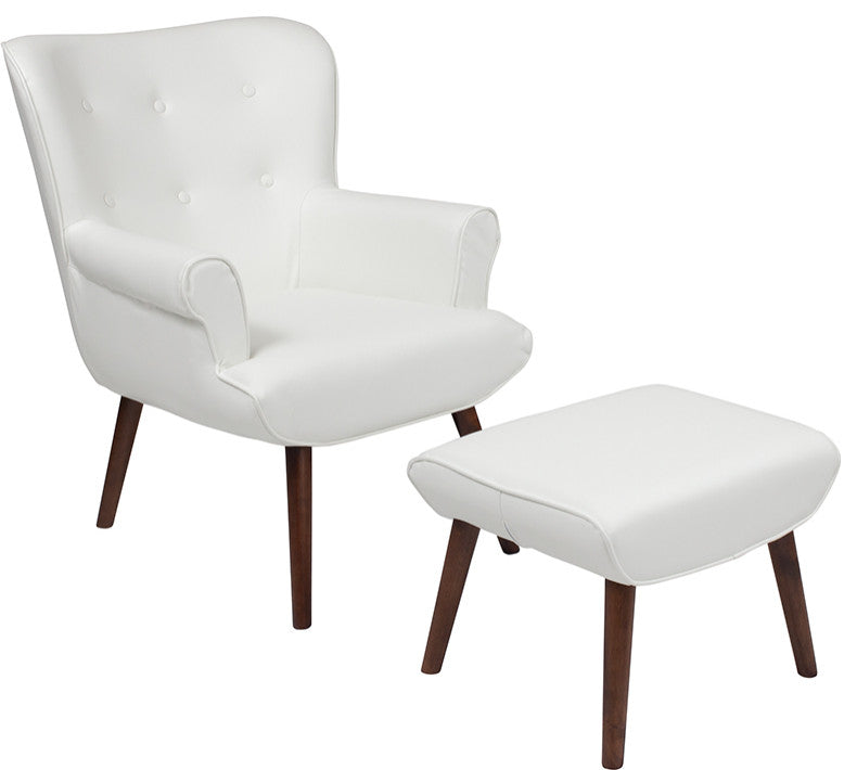 Bayton Upholstered Wingback Chair With Ottoman In White Leather