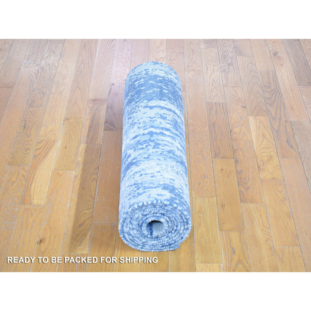 Hand Knotted Abstract Design Wool and Real Silk Denim Blue Runner Rug 2'7"x12'1"