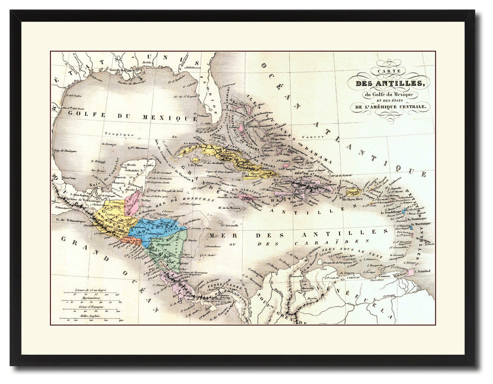 West Indies Caribbean Vintage Antique Map Wall Art, 28"x37"