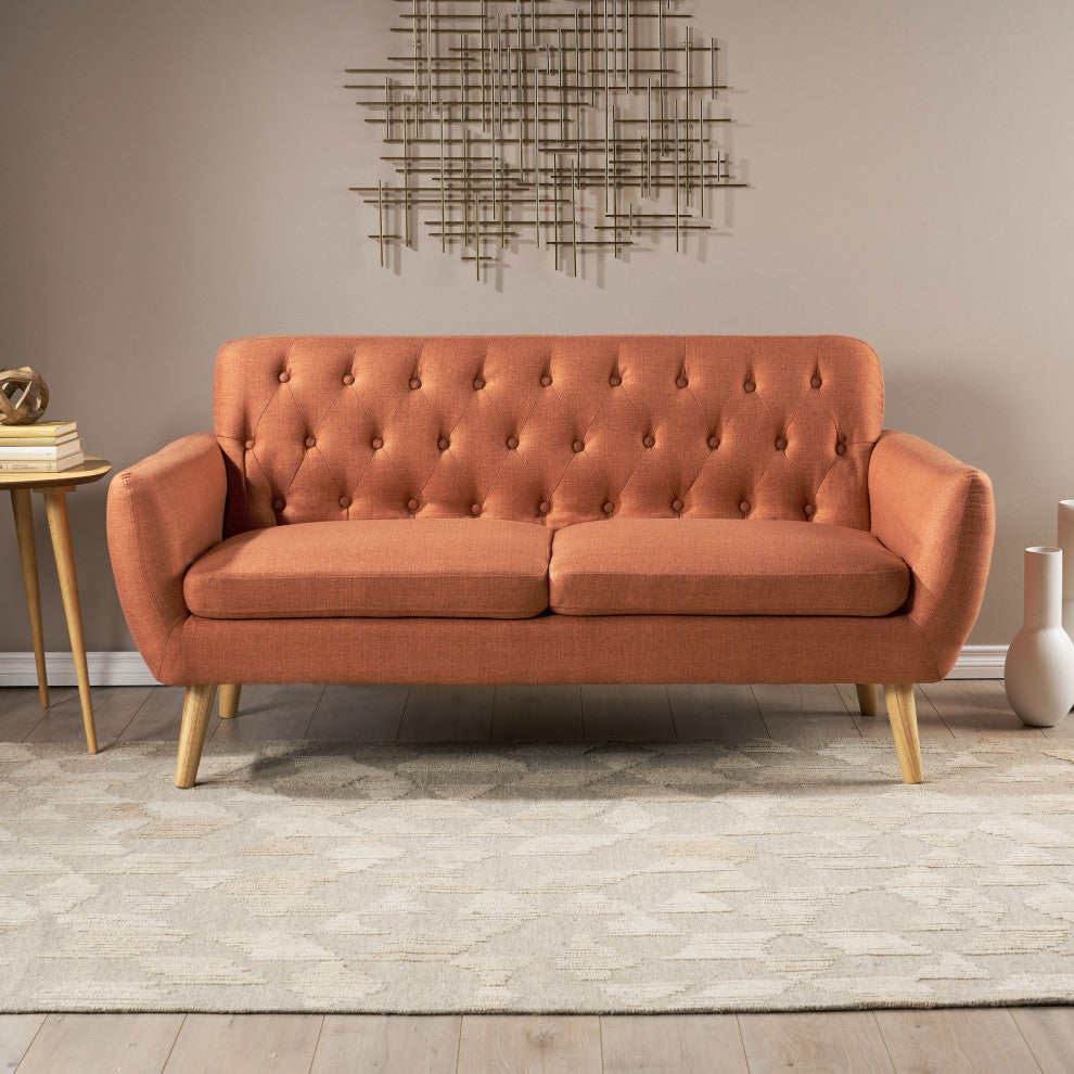 GDF Studio Eunice Petite Mid Century Modern Tufted Fabric Sofa, Burnt Orange