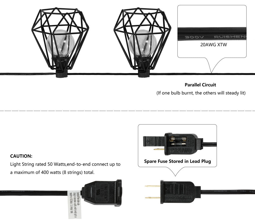 10-Light Indoor/Outdoor 10' Contemporary G40 String Lights, Black