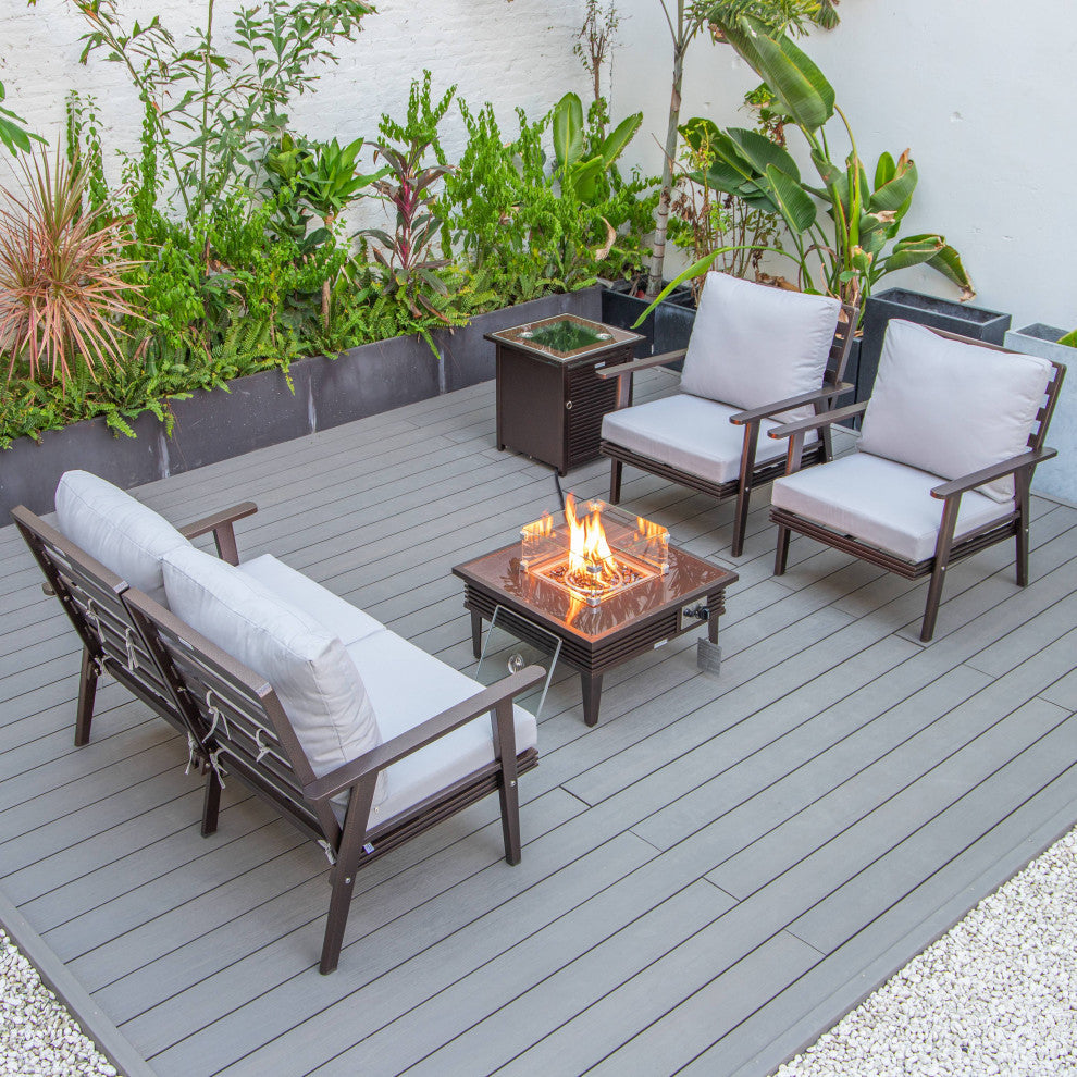 LeisureMod Walbrooke Patio Conversation Set With Fire Pit Table, Light Grey
