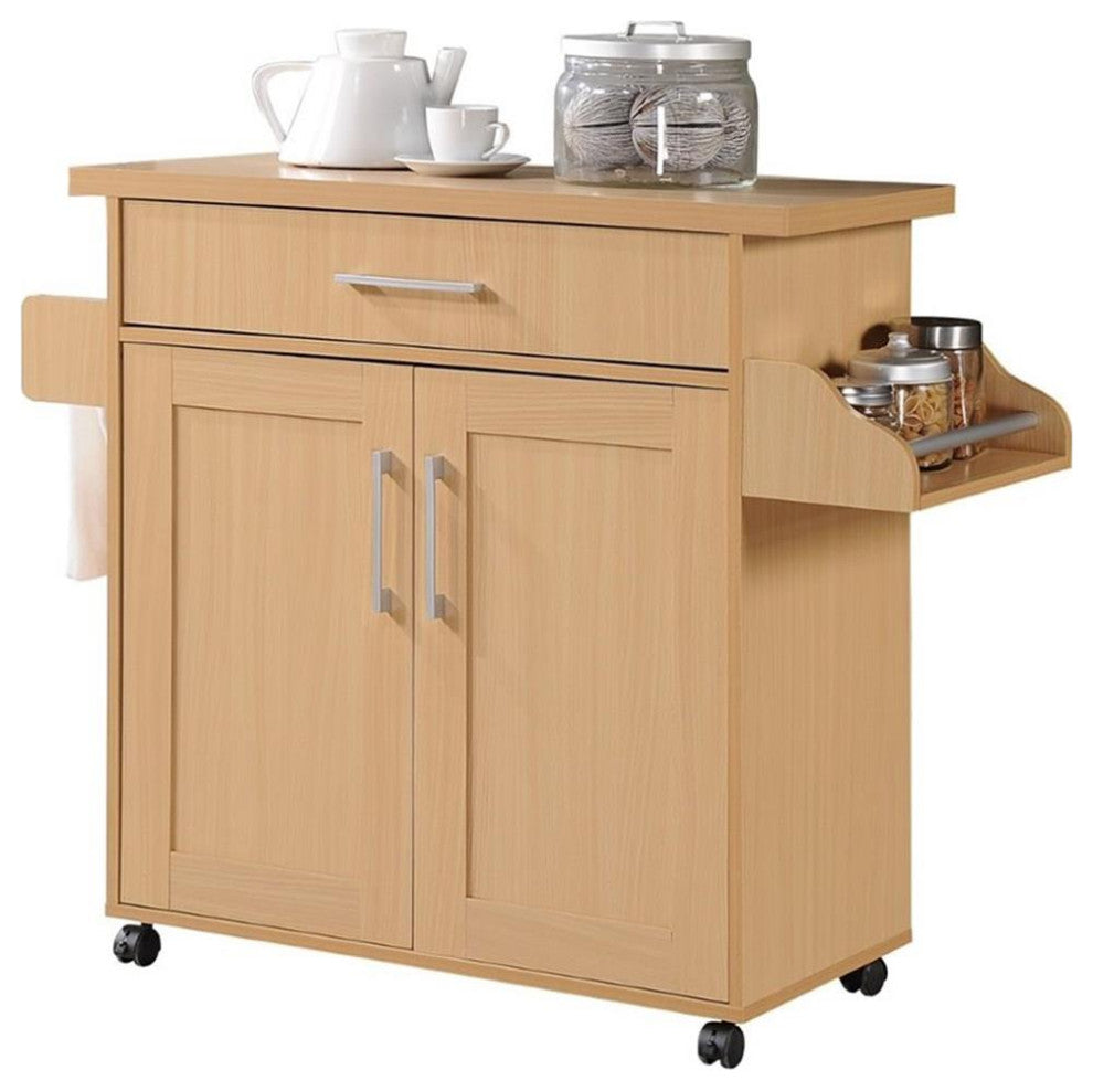 Hodedah Kitchen Island with Spice Rack plus Towel Holder in Beige Wood