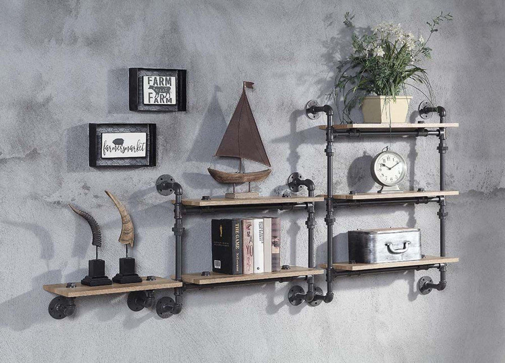 2 Tier Oak Wood Floating Shelf With Metal Tube, Sandy Black