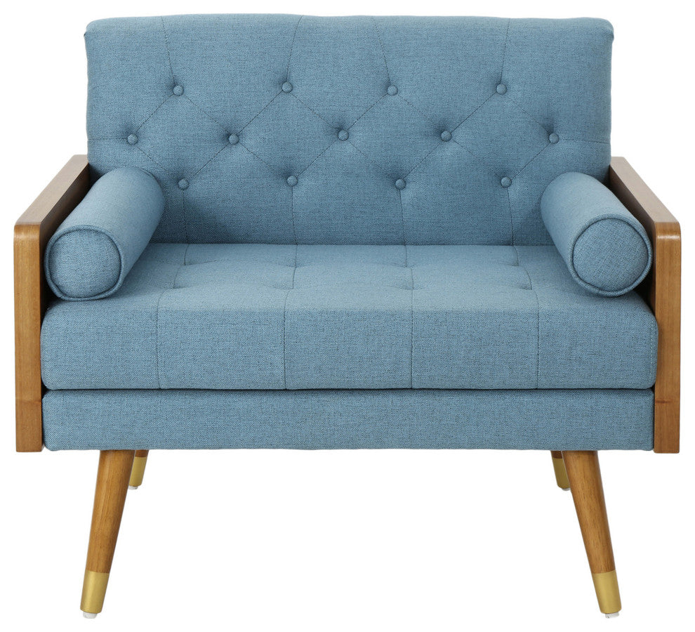 GDF Studio Greta Mid Century Modern Fabric Club Chair, Blue/Dark Walnut