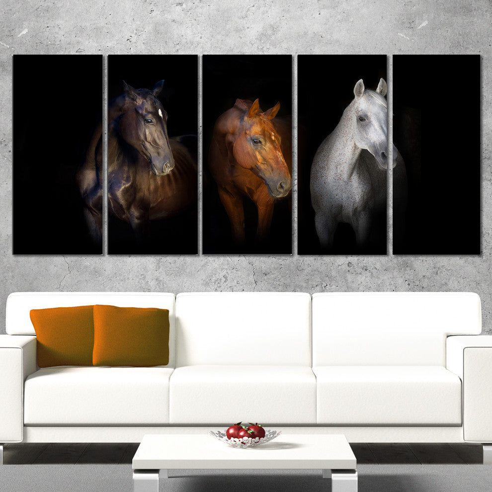 Black Red and White Horses, Animal Canvas Art Print, 60"x28", 5 Panels
