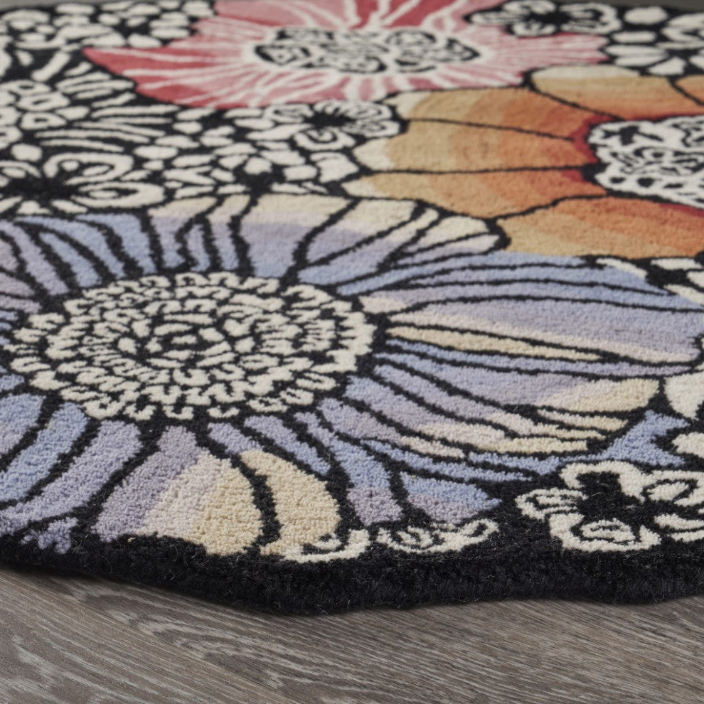 4" Round Red and Black Floral Area Rug