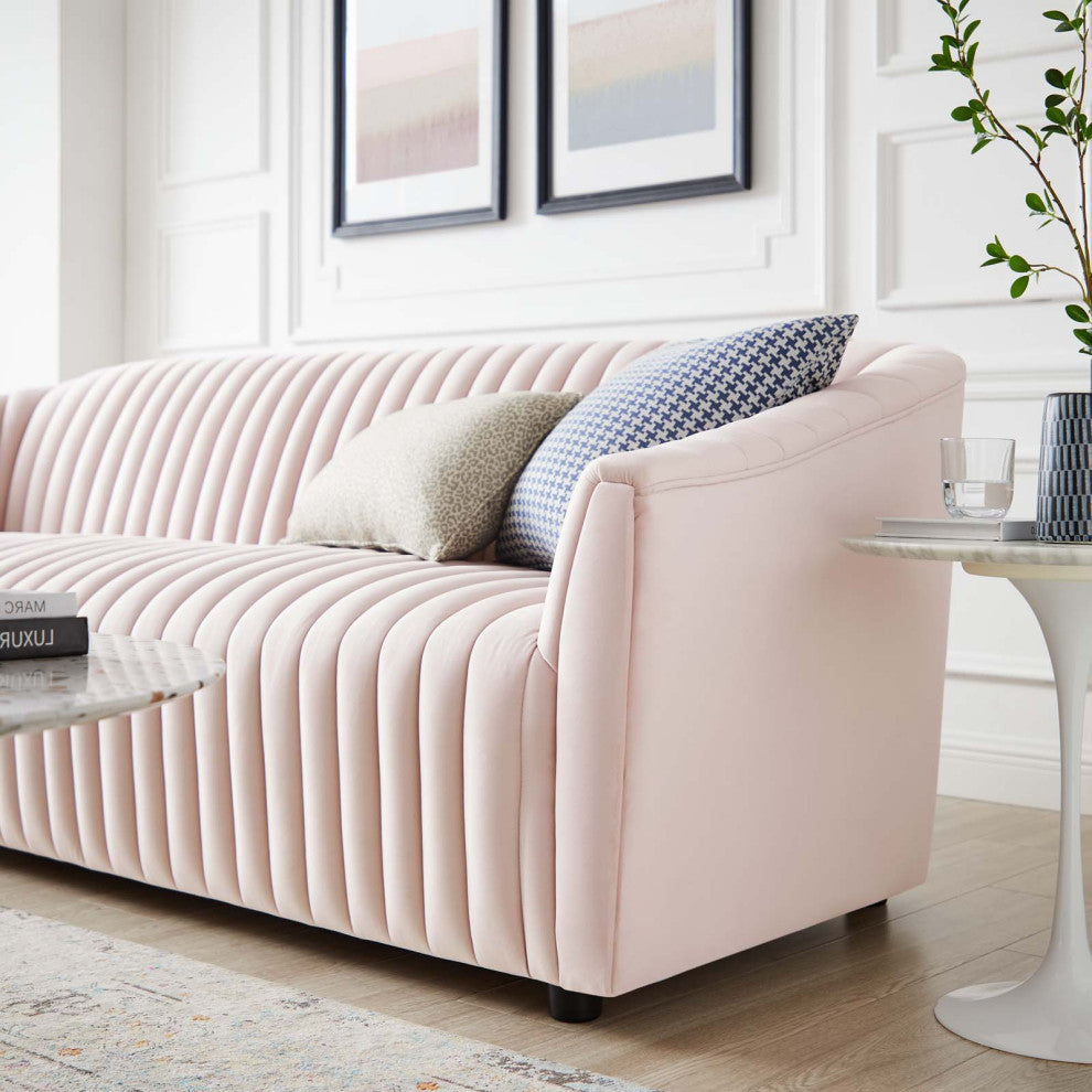Tufted Sofa, Pink, Velvet, Modern, Mid Century Living Hotel Lounge Cafe Lobby