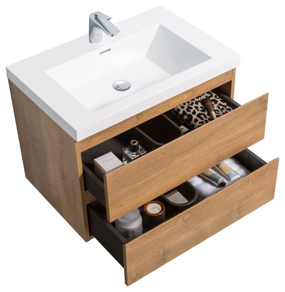 Alma-Pre Wall Mount Vanity With White Sink, Natural Oak, 30"