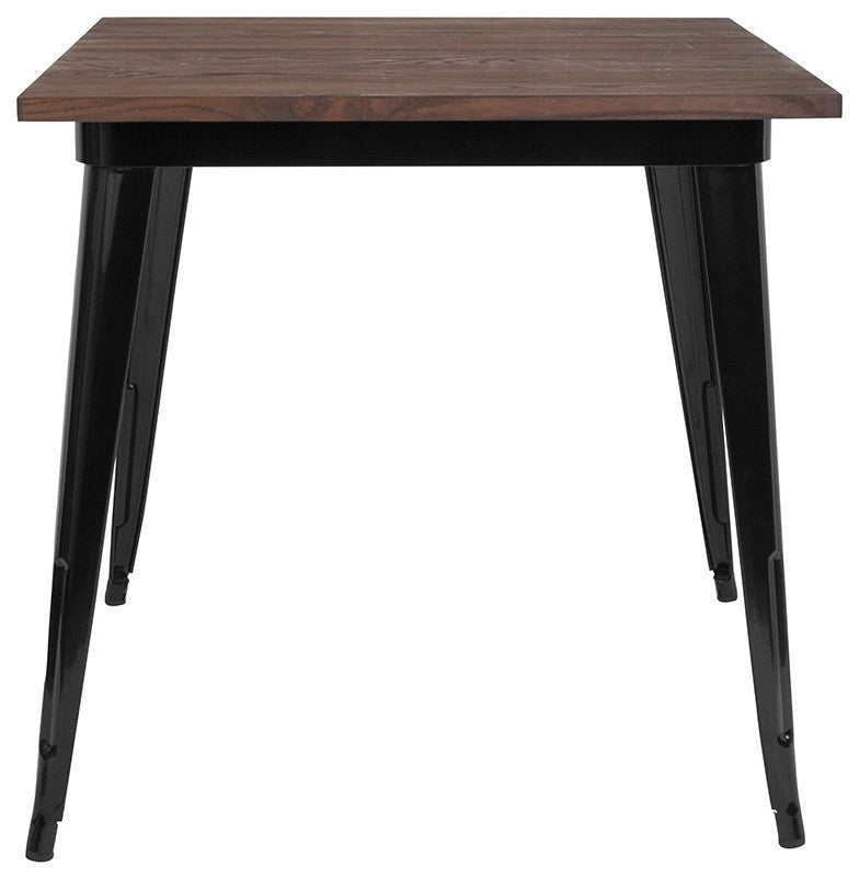 31.5" Square Black Metal Indoor Table With Walnut Rustic Wood Top