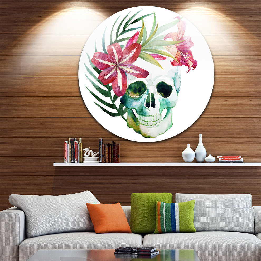 Watercolor Skull With Flowers, Floral Large Disc Metal Wall Art, 36"