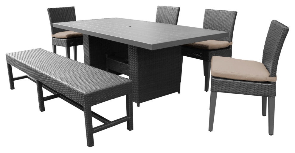 Belle Rectangular Outdoor Patio Dining Table With 4 Chairs and 1 Bench Wheat