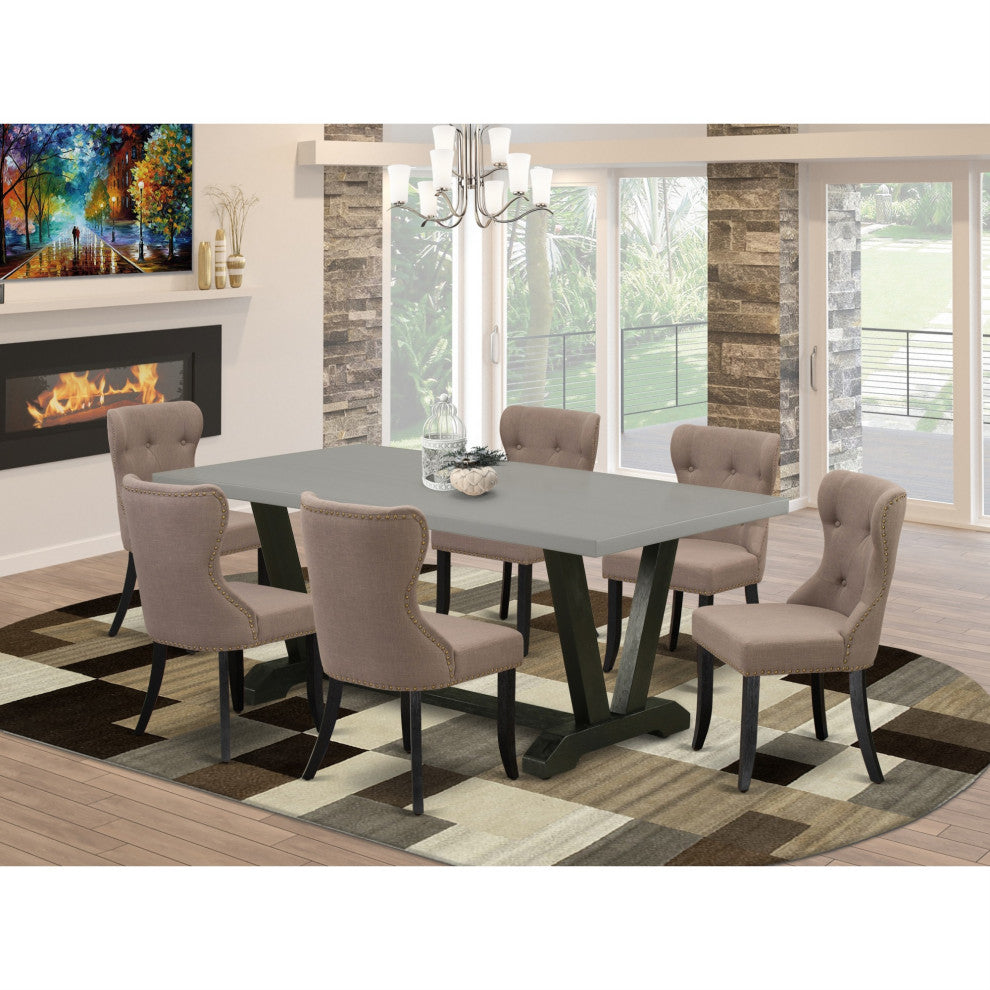 V697Si648-7, 7-Piece Set, 6 Chairs, Table and Wooden Legs, Cement and Black