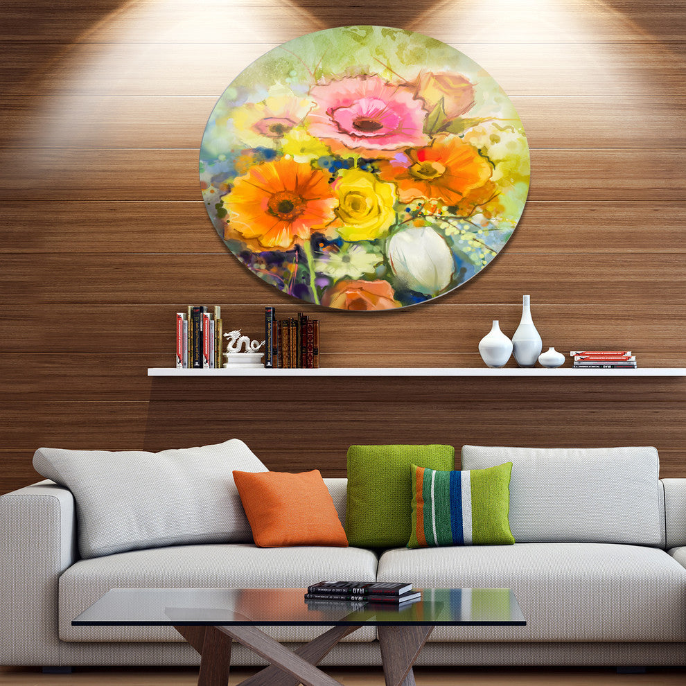 White Gerbera Red Rose And Tulips, Flower Large Disc Metal Artwork, 11"