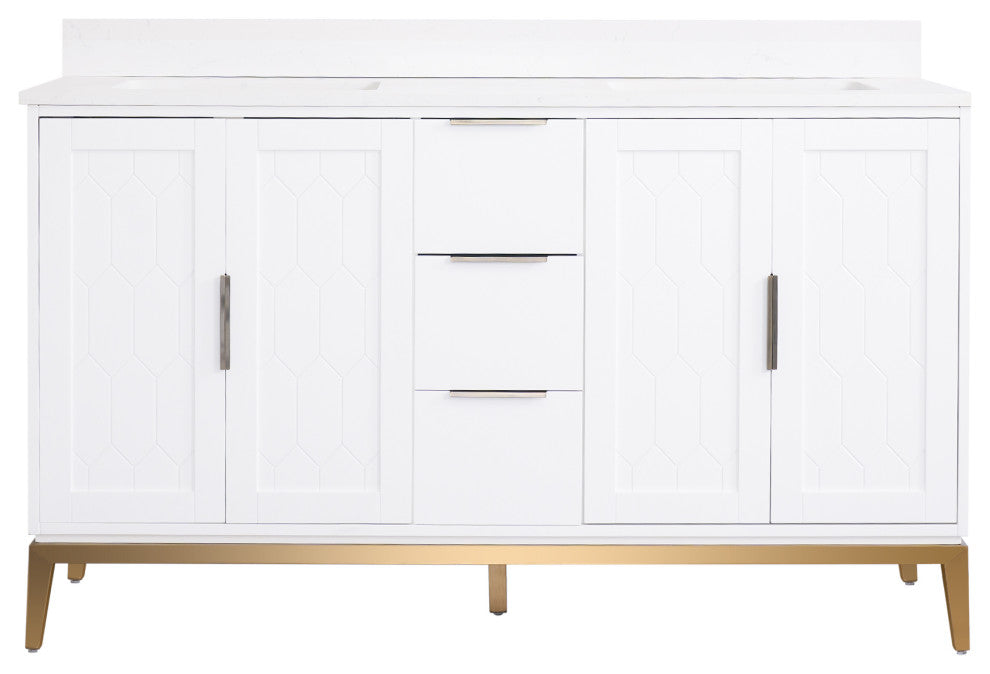 Alison Freestanding Bathroom Vanity with Italian Carrara White Marble Top, White, 60"