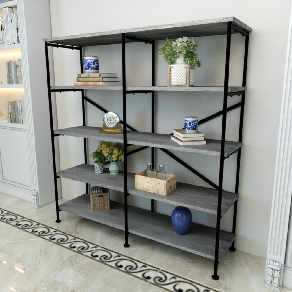 63" Industrial 4 Tier Bookshelf Particleboard Metal Frame, Gray, Black