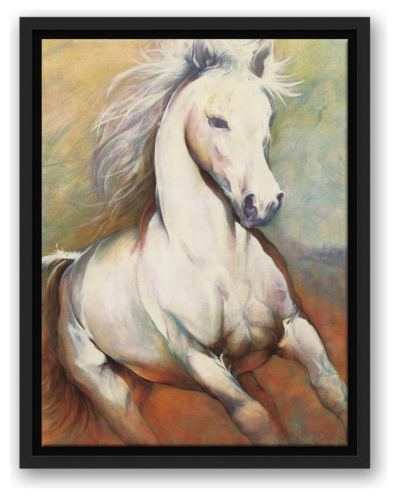 White Horse Running Wild 12x16 Black Floating Framed Canvas