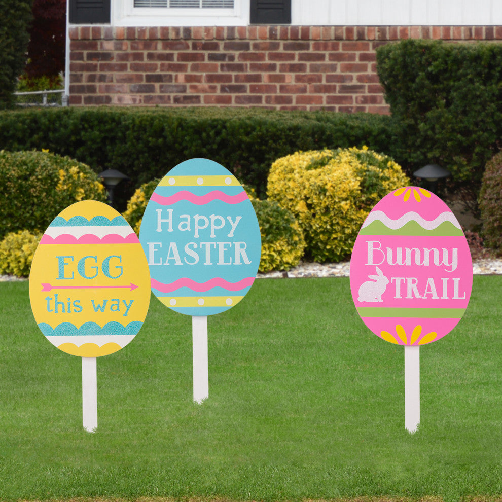 15"H Wooden Easter Egg Yard Stake, Set of 3