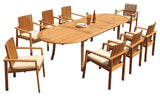 9-Piece Outdoor Teak Dining Set: 117" Oval Ext Table, 8 Clip Stacking Arm Chairs