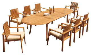 9-Piece Outdoor Teak Dining Set: 117" Oval Ext Table, 8 Clip Stacking Arm Chairs