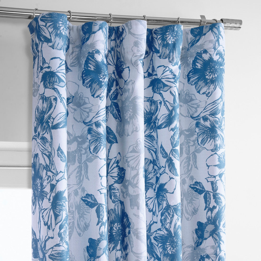 Blue Poppy Printed Linen Textured Room Darkening Curtain Single Panel, 50"x108"