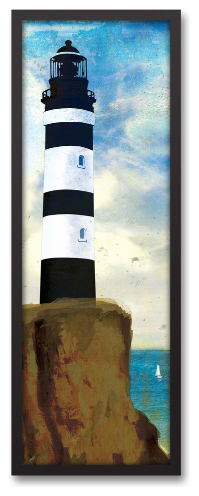 Black and White Lighthouse 12x36 Black Framed Canvas