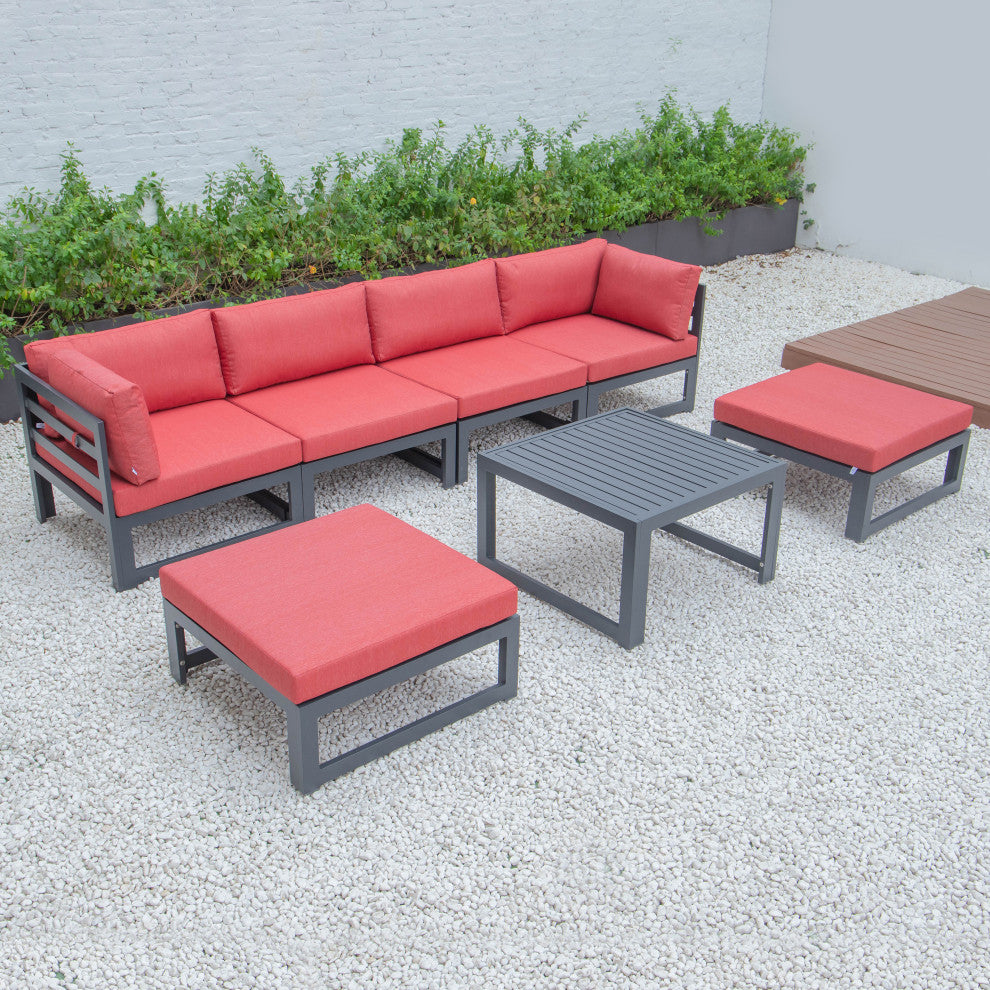 LeisureMod Chelsea 7-Piece Patio Ottoman Sectional With Coffee Table, Red