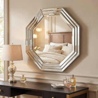 Beveled Multi Faceted Octagons Wall Mirror, 1" Beveled Center, Wood Frame