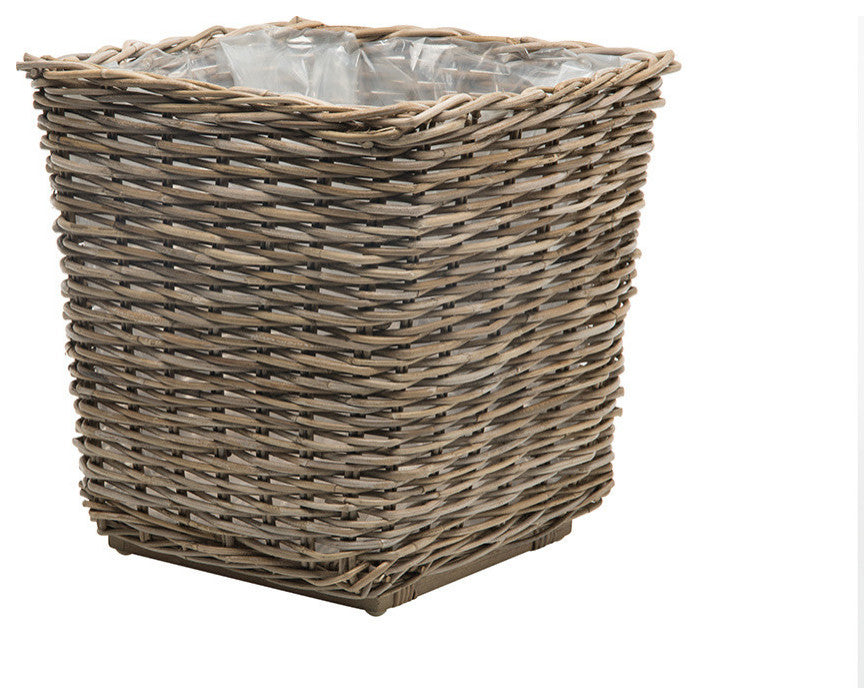 Rattan Kobo Square Planter With Plastic Liner, Gray