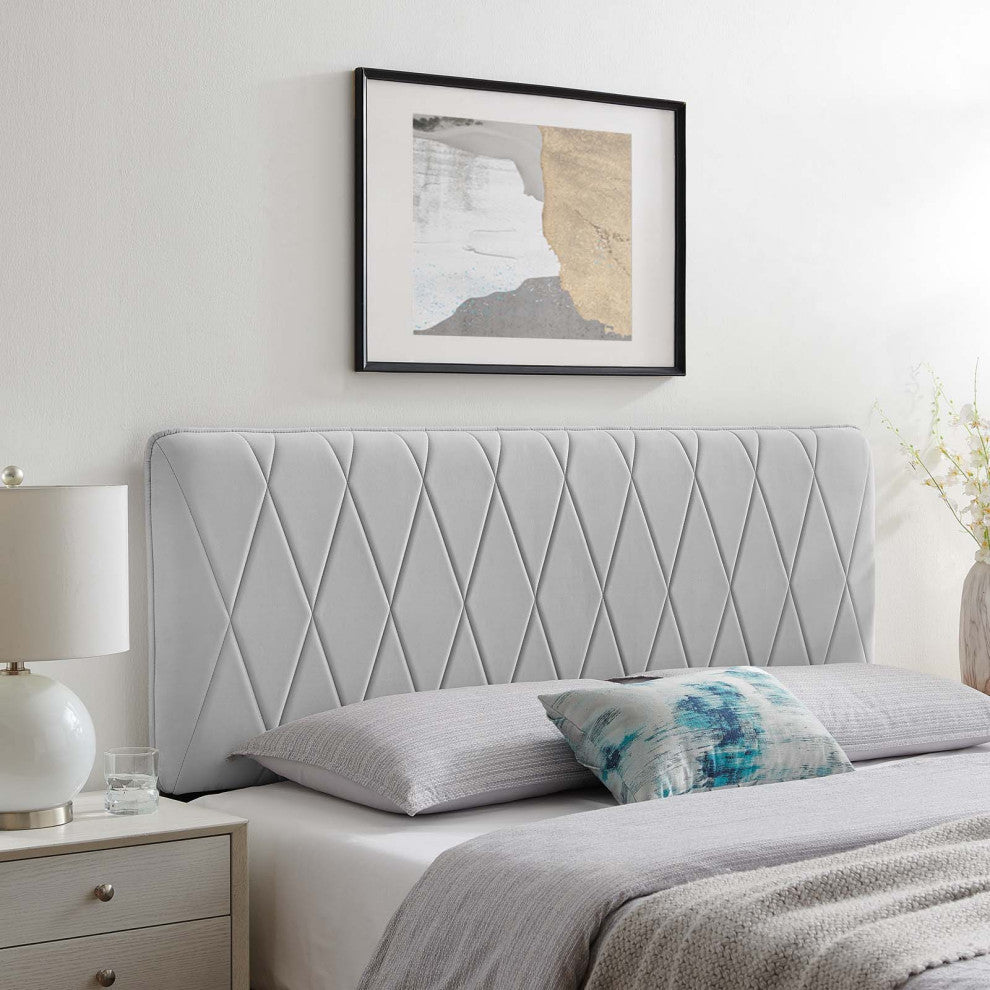 Headboard, Full Queen Size, Velvet, Light Gray, Modern Contemporary
