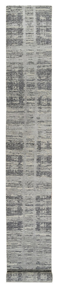 Gray, Modern Design, Natural Wool, Hand Knotted XL Runner Rug, 2'6"x20'0"