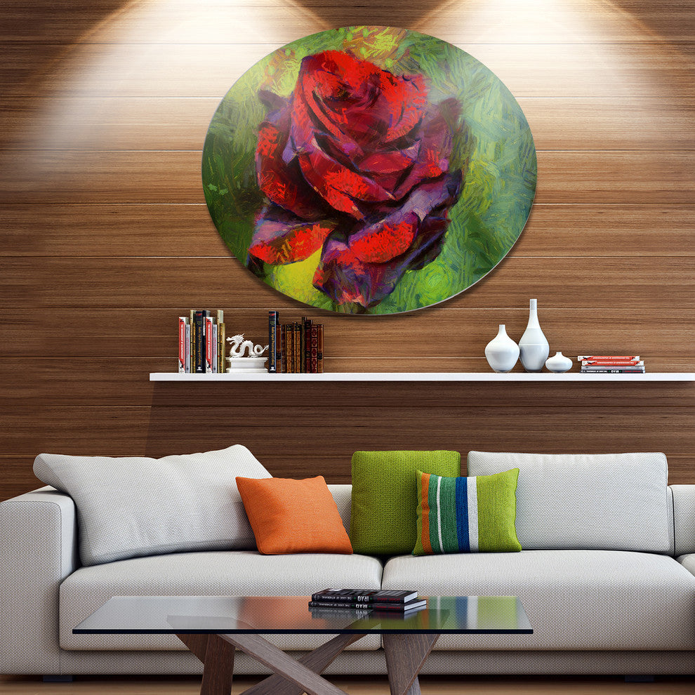 Red Rose Illustration On Green, Modern Floral Disc Metal Wall Art, 36"