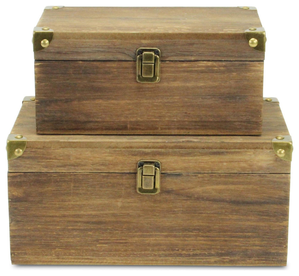 Set of 2 Brown Wood Box With Bronze Corner Accent