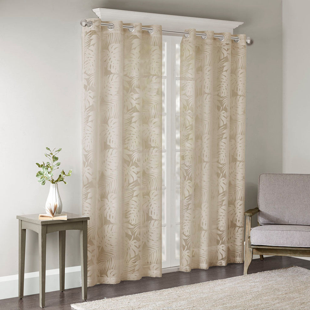 Madison Park Leilani Botanical Burnout Palm Leaf Sheer Window Panel, Natural, 50