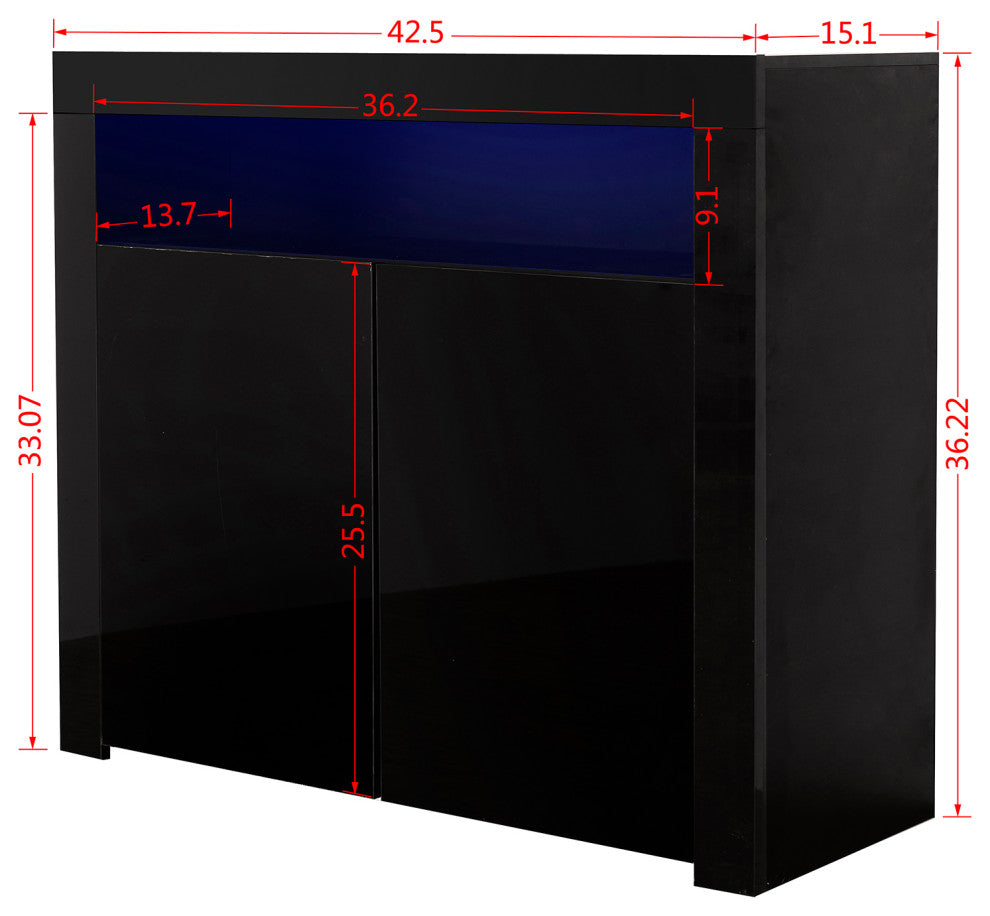 Wood Double Door Accent Cabinet with LED Light, Black, 42'' X 16''