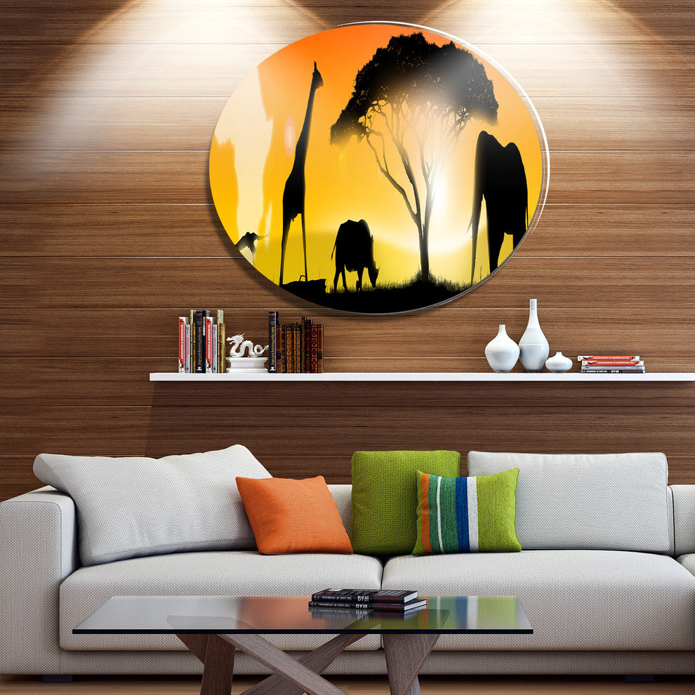 African Wildlife Panorama, African Disc Metal Wall Art, 23"