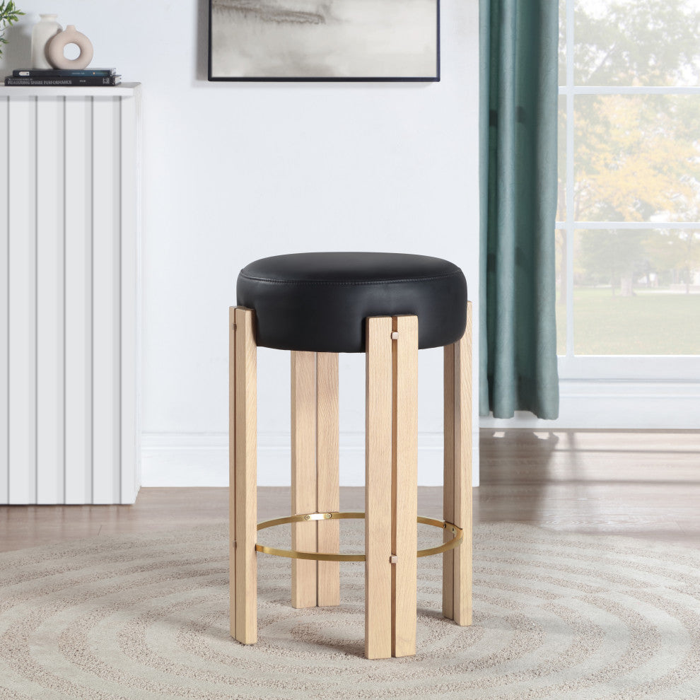 Harrison Upholstered Counter Stool, Black, Natural Finish