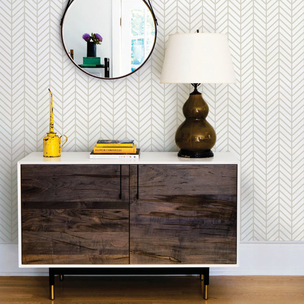 Herringbone Line Peel and Stick Vinyl Wallpaper , Beige, 24"w X 60"h