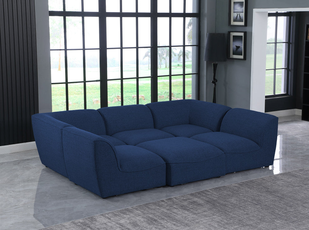 Miramar Linen Textured Fabric  6-Piece Modular U-Shaped Sectional, Navy