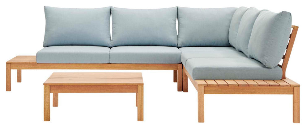 Lounge Sectional Sofa Chair Set, Wood, Brown Natural Blue, Modern, Outdoor Patio