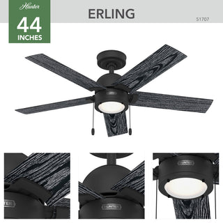 Erling Ceiling Fan, LED Light Kit and Pull Chain, Matte Black, 44"