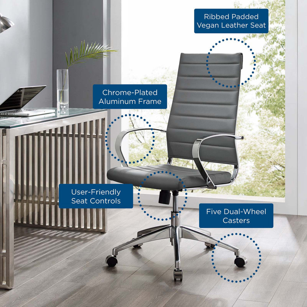 Computer Work Desk High Back Chair, Faux Leather, Gray, Modern, Home Office