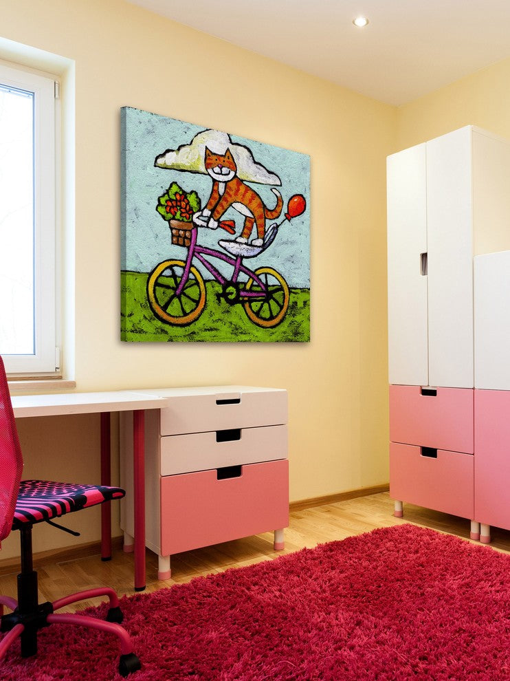 "Tiger Cat Bike Acrobat" by Janet Nelson Print Wrapped Canvas, 40x40