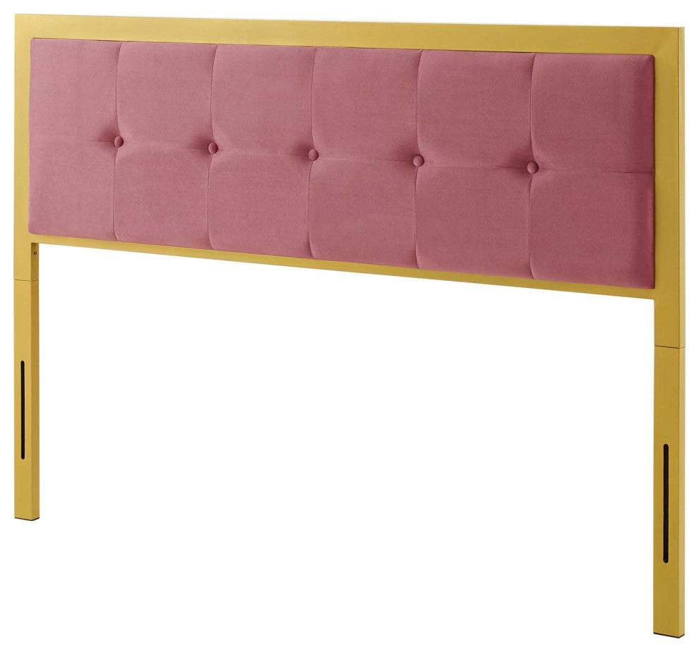 Tufted Headboard, Twin Size, Velvet, Metal Steel, Gold Pink, Modern Contemporary